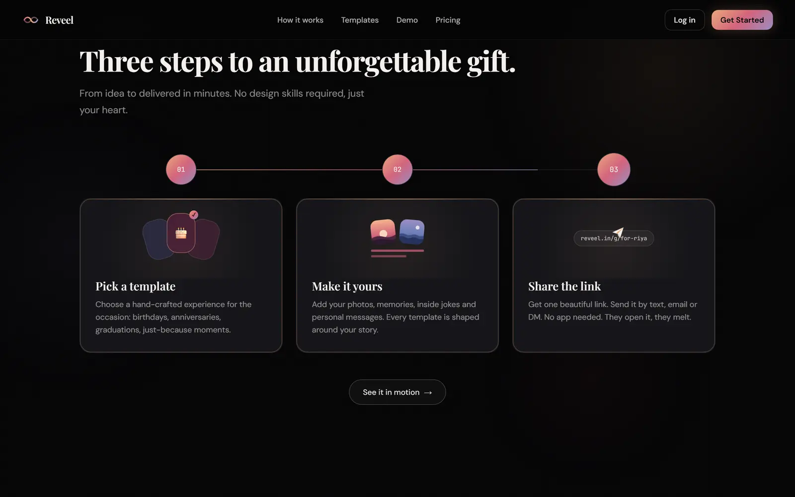 Three steps: pick a template, make it yours, share the link